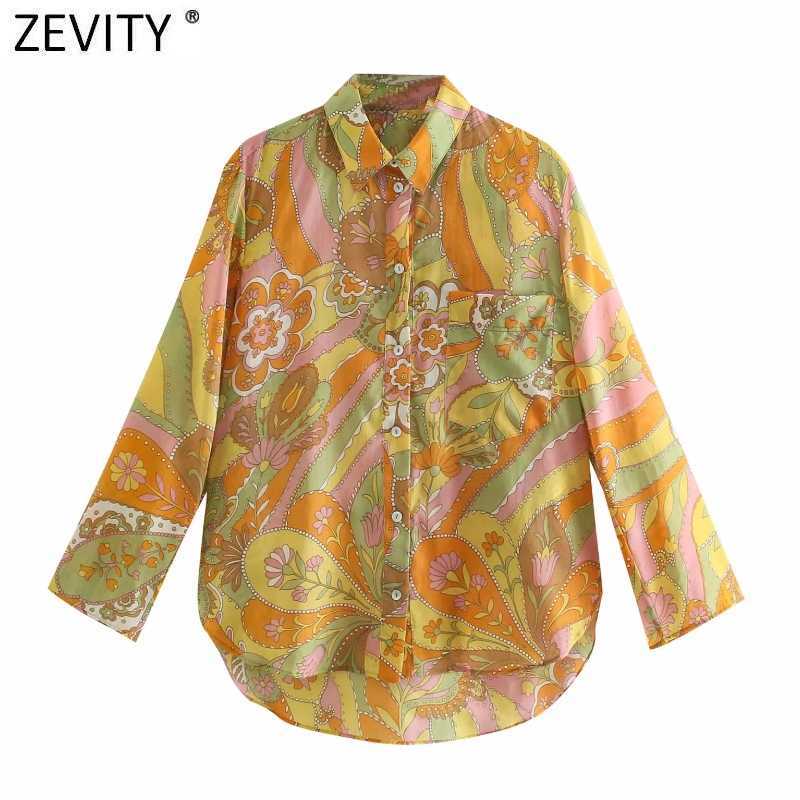 

Zevity Women Vintage Totem Floral Patchwork Print Casual Business Shirt Femme Pocket Patch Blouse Roupas Chic Blusas Tops LS9410 210603, As pic ls9410o