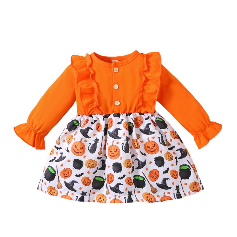 

Girl's Dresses Kids Baby Dress Little Girl’s Casual Long Sleeve Cartoon Pumpkin Print Stitching Round Neck A-line Girl Clothes, Brown