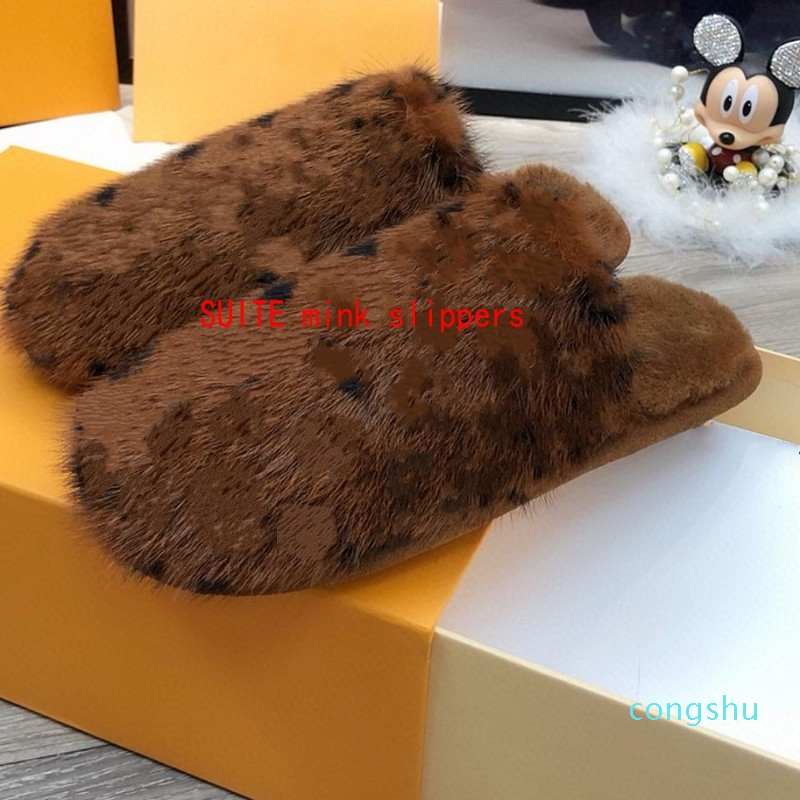 SUITE Flat Slippers Mink Fur Baotou Slippers Mink Fur Insole Indoor Flat Shoes Keep Warm and Comfortable 22