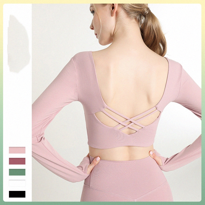 

luyogasports lu tops lu yoga running sport long sleeve shirts yoga suit with chest pad women's short tight gym fitness hollow out sexy m86Y#, White