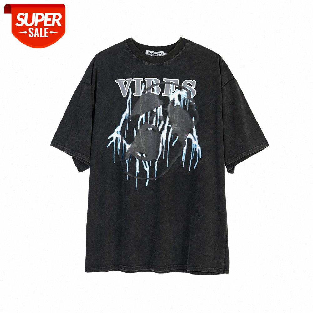 

Washed and distressed abstract printing short-sleeved T-shirt men's dark wind half-sleeved loose round neck five-point sleeves #m97j, White;black