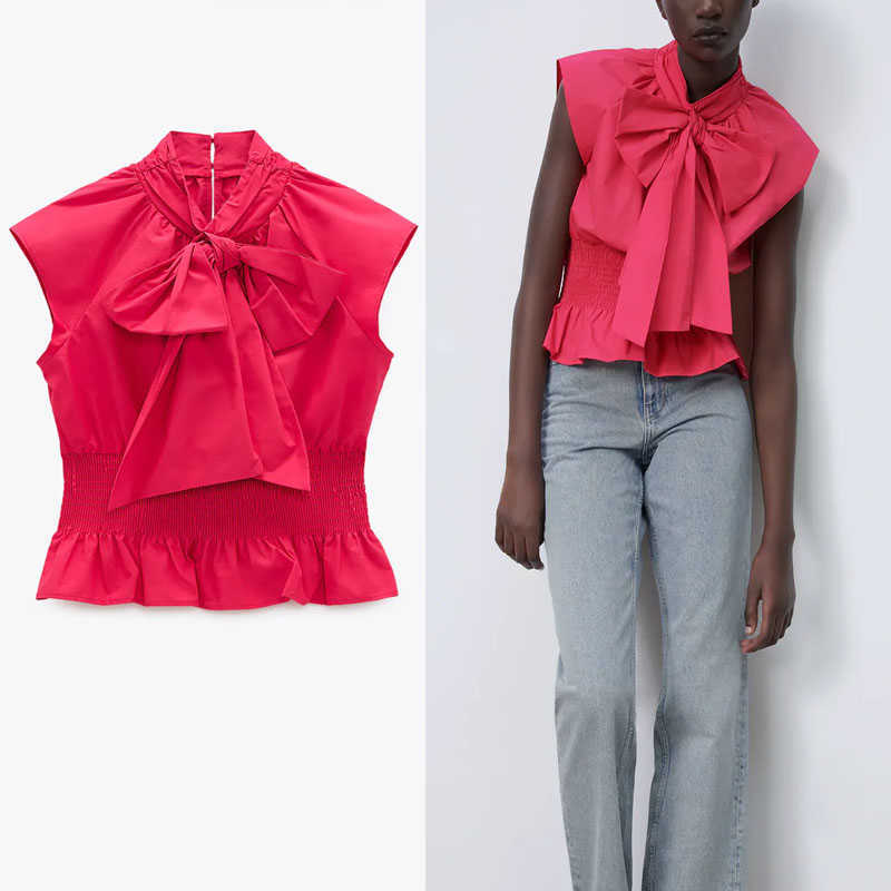 

ZA Red Bow Poplin Top Women Sleeveless Smocked Elastic Ruffle Hem Summer Blouse Woman Fashion Back Opening Shirts 210602