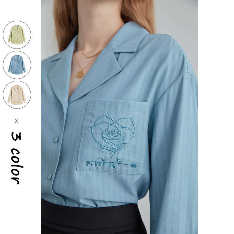 

FANSILANEN Floral embroidery elegant blouse shirt Women long sleeve blue spring casual Female button up office lady tops 210607, Light green
