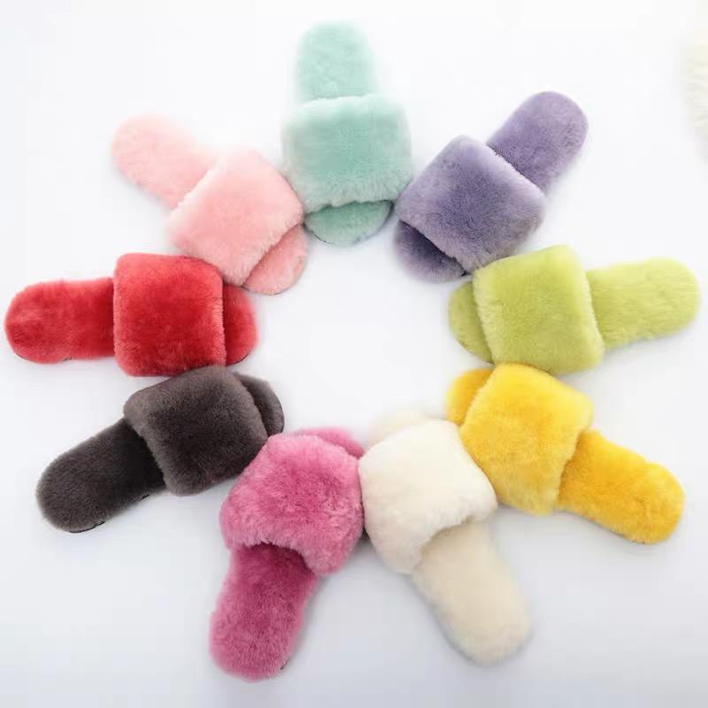 

Fluffy Fashin Warm Furry Wool Slip On Flats Female Sliders Cozy Home Woman Word Slippers, Natural