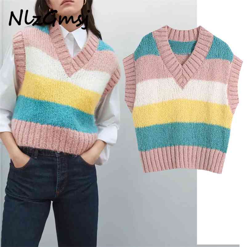

Sweater Women Spring Fashion Stripe V-neck Sleeveless Knitted Casual Pullover Women's Vest 210628, As picture