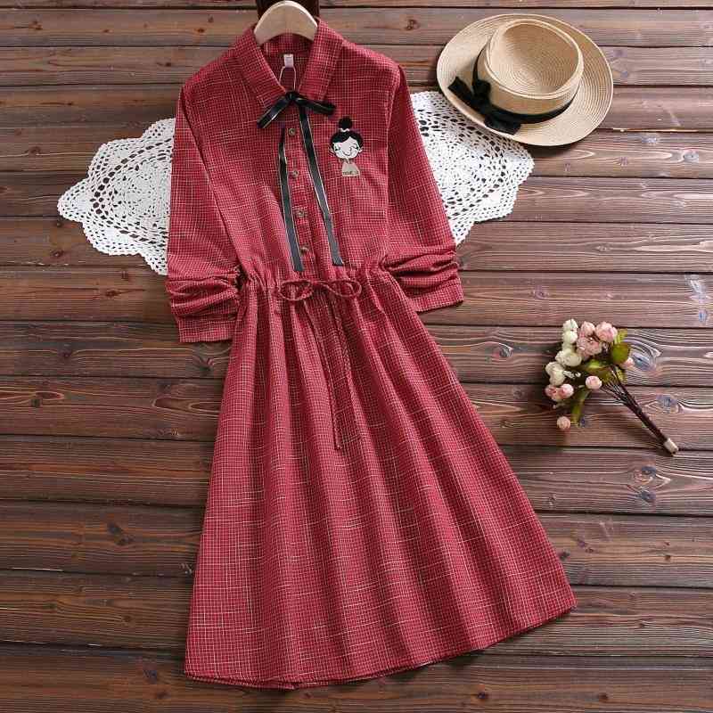 

Japanese Mori Girl Summer Dresses Women Turn Down Collar Red Blue Plaid Cartoon Printed Cute Kawaii Sweet Bow 210603