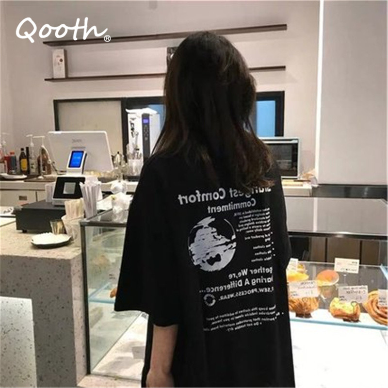 

Qooth Straight Letter Printed Short-Sleeve T-shirt Female Loose Casual All-Match O-Neck T-shirt Womens Cotton Summer Tops QT684 210518, White