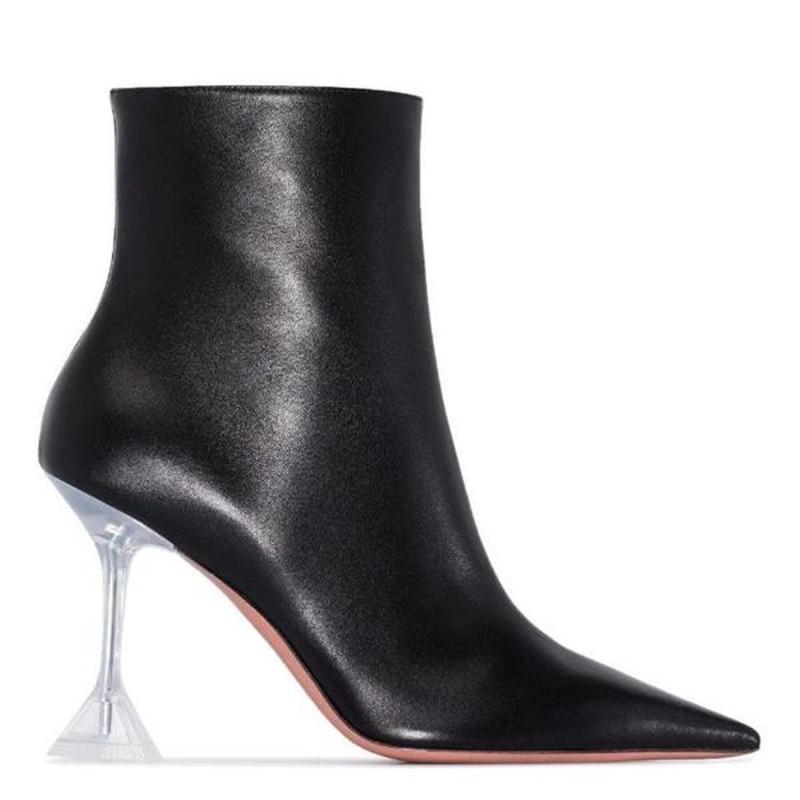 

Boots Womens Pointed Toe Genuine Leather Ankle Stilettos High Clear Crystal Heel Shoes Side Zip Black White Plus Size