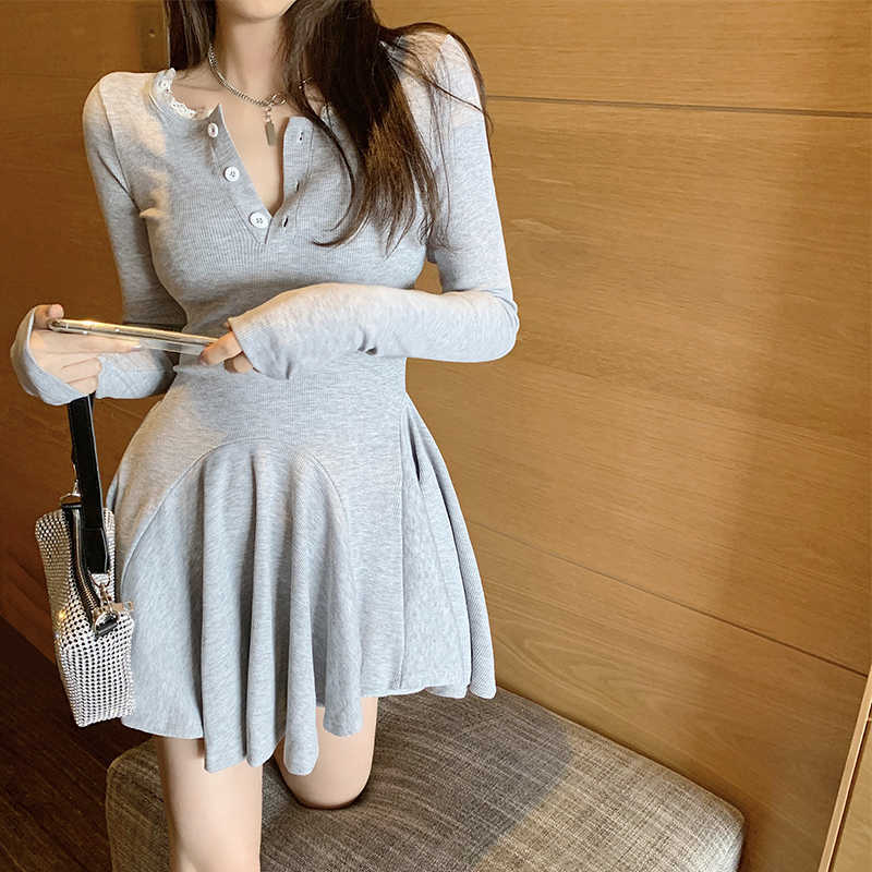

Summer Tops Spring Solid Color Button Sexy Lace High Waist Women's Slim V Neck Mini Dress Dresses Irregular L8FQ 210603, Gray