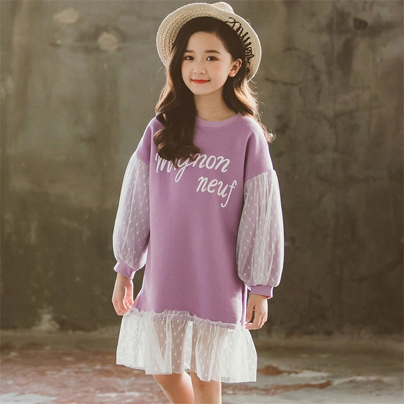 

4-13 Years Children Autumn Thin Clothing Girl Puff Sleeve Mesh Patchwork Dress Teenager Girls Letter Princess 210429, Ah809lavender