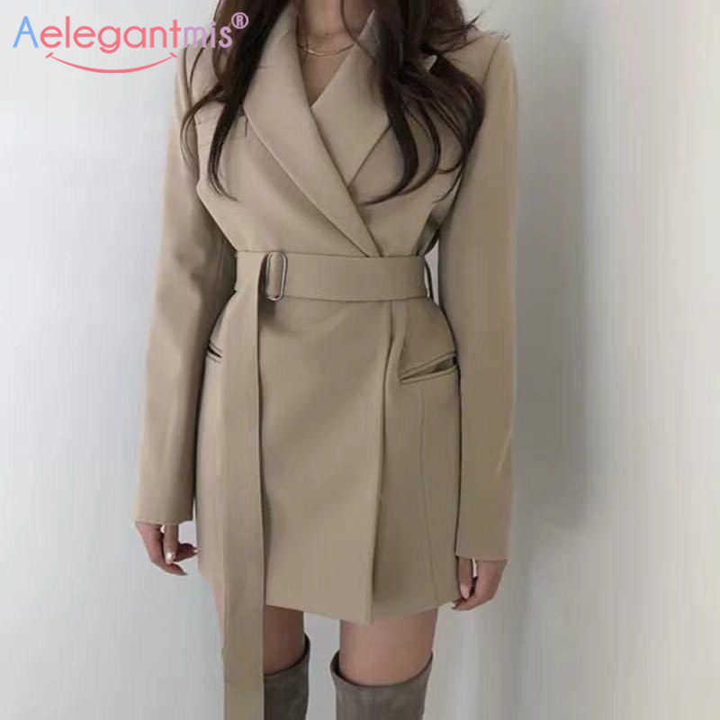 

Aelegantmis Spring Autumn Long Women's Blazers Sashes Jackets Office Ladies Lace up Formal Outwear Solid Elegant Tops 210607, Khaki