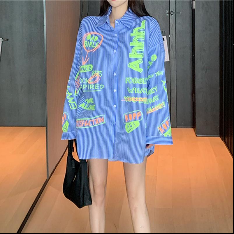 

graffiti ink womens blouses print stripe long sleeve shirts women fashion hip hop oversized streetwear male punk rock, White
