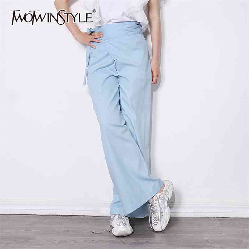 

Loose Lace Up Bowknot Pants For Women Casual Pleated High Waist Wide Leg Female Fashion Spring Style 210521, Blue