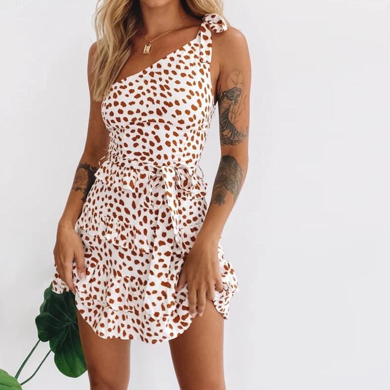 

Casual Dresses Summer One Shoulder Print Dress Women' Boho Mini Ruffles Vestidos Sleeveless A Line Short Beach Holiday Sundress 2021, As pictures