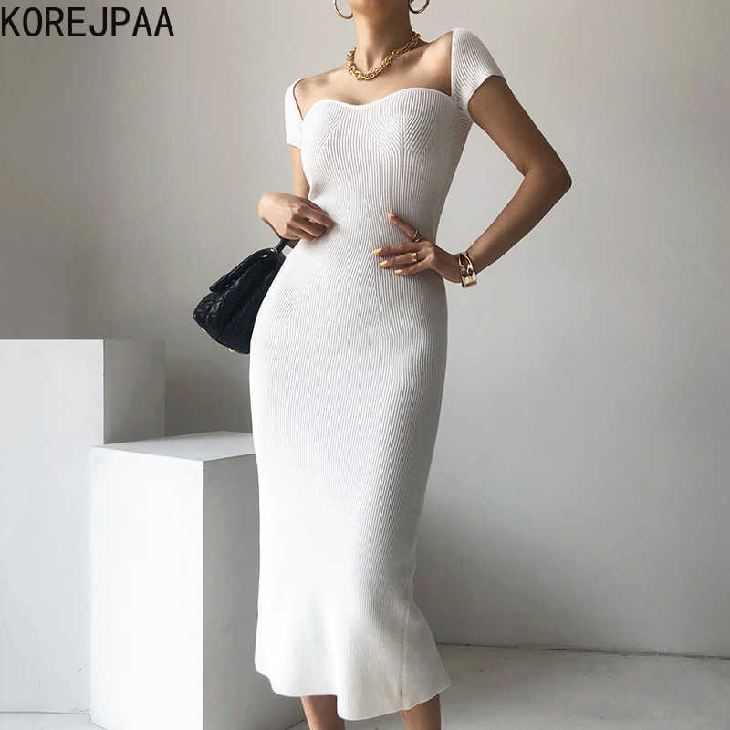 

Korejpaa Women Dress Summer Korea Chic Elegant Temperament Square Collar Exposed Clavicle Slim Fit Knitted Hip Slit Vestido 210526, White