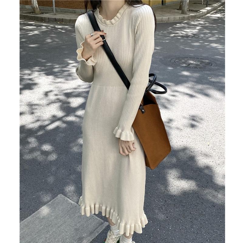 

Casual Dresses Oversized Long Sweater Dress Women Maxi Knit Ruffle Winter Clothing, Black