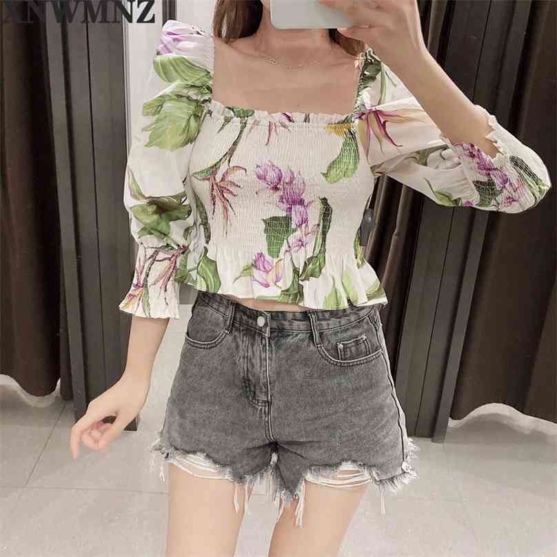 

Women Sweet Fashion Floral Print Cropped Blouses Vintage Lantern Sleeve Back Elastic Female Shirts Chic Top 210520, Multi