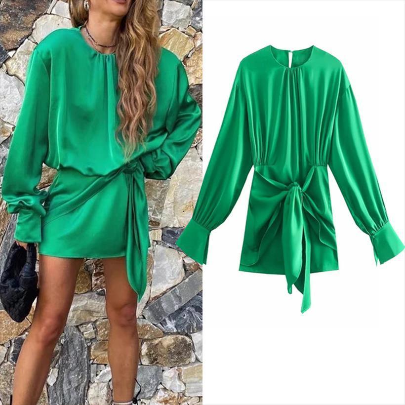 

za green satin mini women dresses knot wrap long puff sleeve elegant woman fashion ruched short, Black;gray
