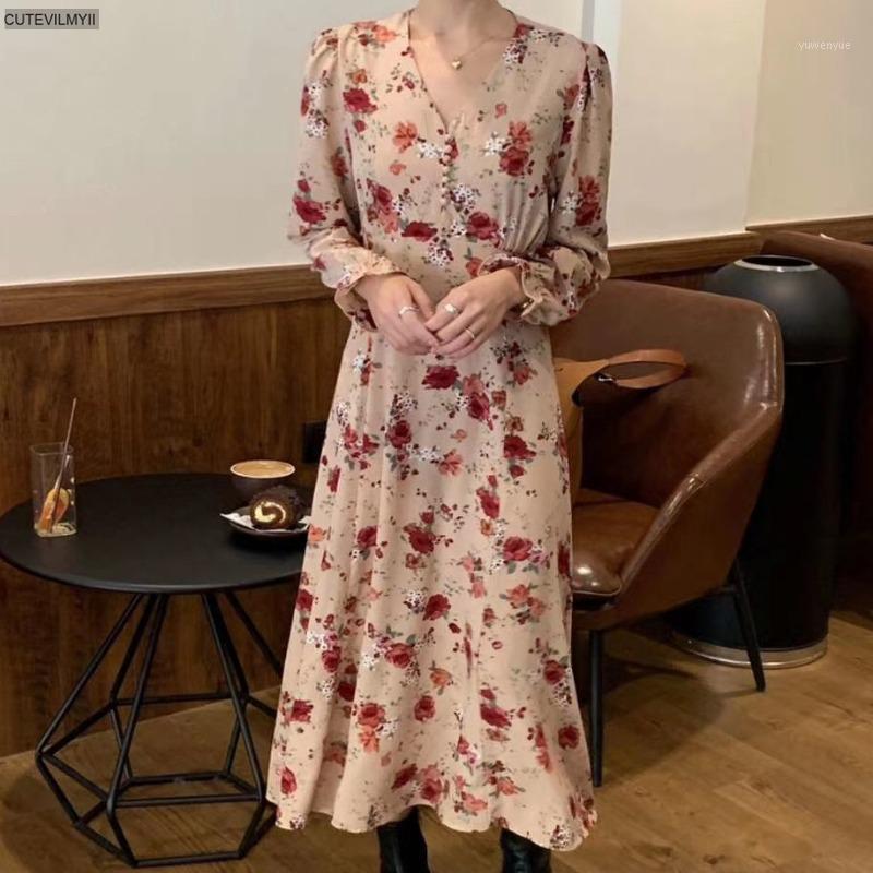 

Casual Dresses Korean Style Women' Flower A-Line 2021 Autumn Sexy Flowers Printed Office Lady Waist-Controlled Vintage Long Dress, Pink