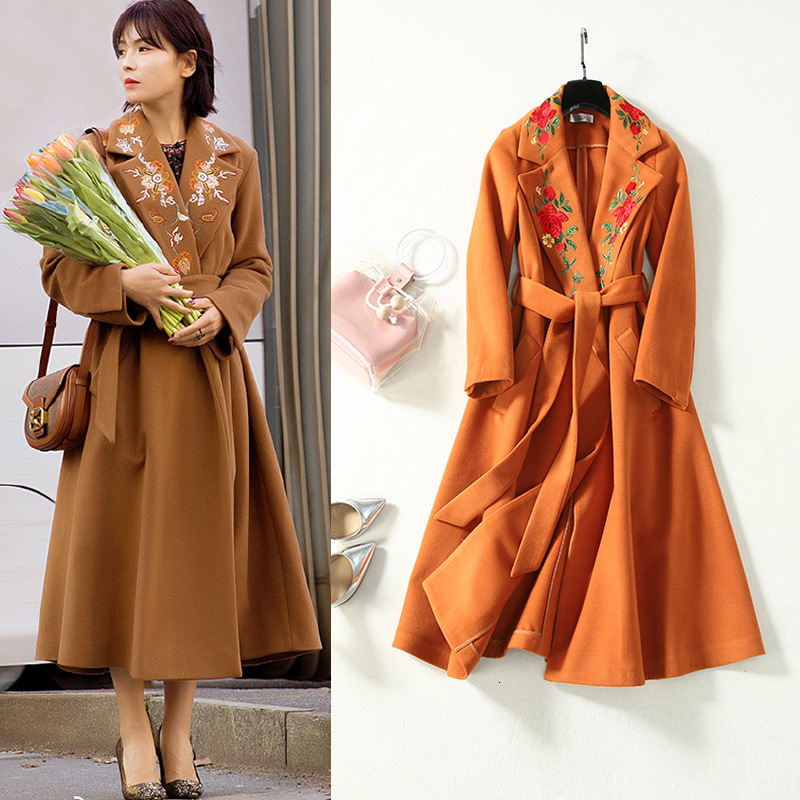

Women's Trench Coats 2021 Autumn of high quality women embrodiery winter wool belt chic female jacket b355, The pictures