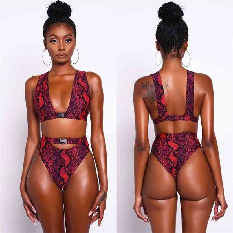 

Sexy Red Snake Print Bikini Buckle High Waist Swimwear Women V Neck Push Up Swimsuit Brazilian Female s 210630