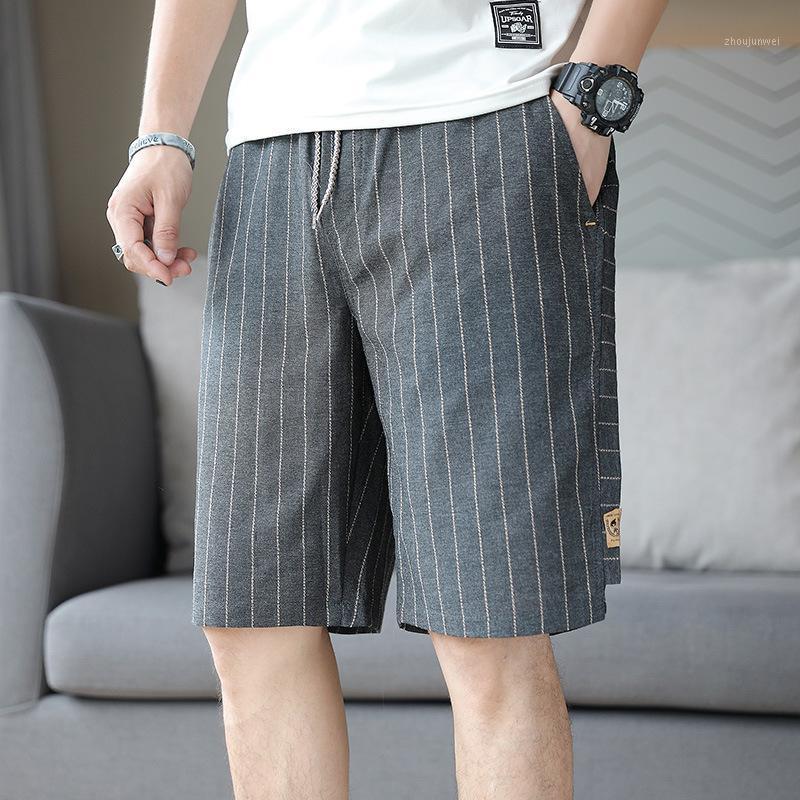 

Men's Jeans Summer Loose Pinstripe Cotton Shorts Tethered Sports Pants Casual, Gray