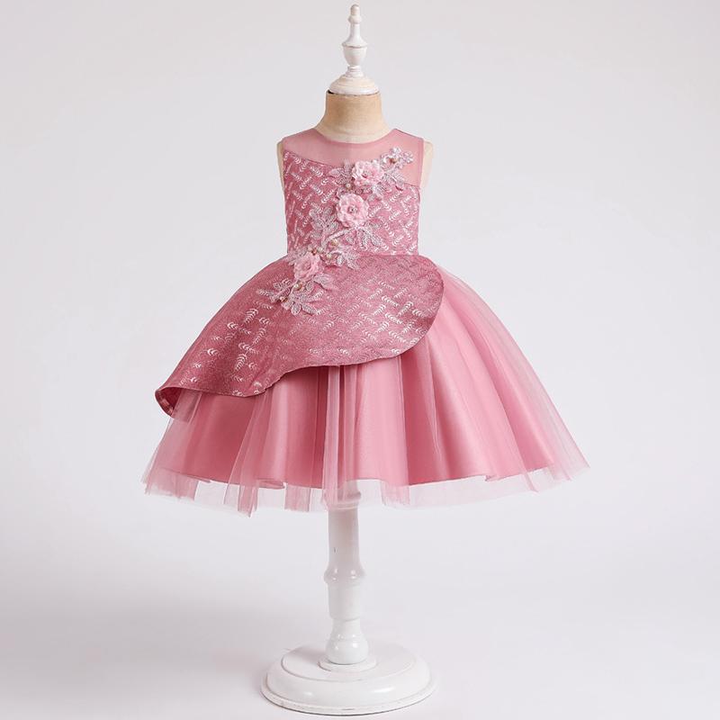 

Girl's Dresses Flower Girls Dress Appliques Crystal Pearls Embroidery Soybean Pink Lace Tulle O-Neck Knee-Length Kids Party Princess Gown F0, Red;yellow