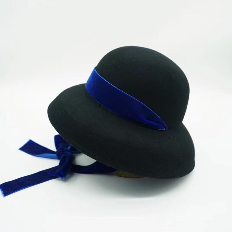 

Berets Vintage Fedora Wool Wide Brim Top Hat Gold Velvet Tie Winter Autumn For Woman Chapeau Black Bowler Ladies
