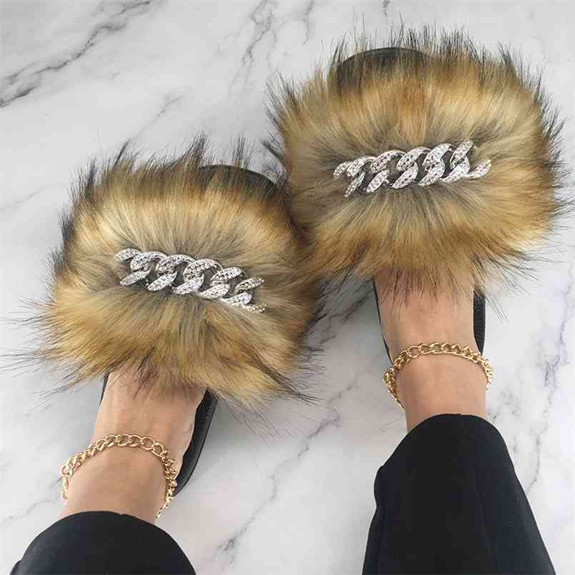 

Fur Slides Women Fluffy Slippers Ladies Summer Chain Flip Flops Beach Shoes Female Indoor ry With 210607, Fluorescence slipper