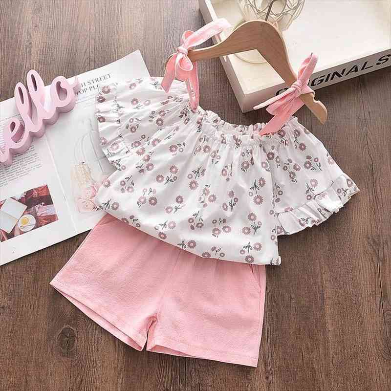 

fashion girls clothes summer sweet young children sling lace dress costume set little girl pink wave dress suit clothing, White