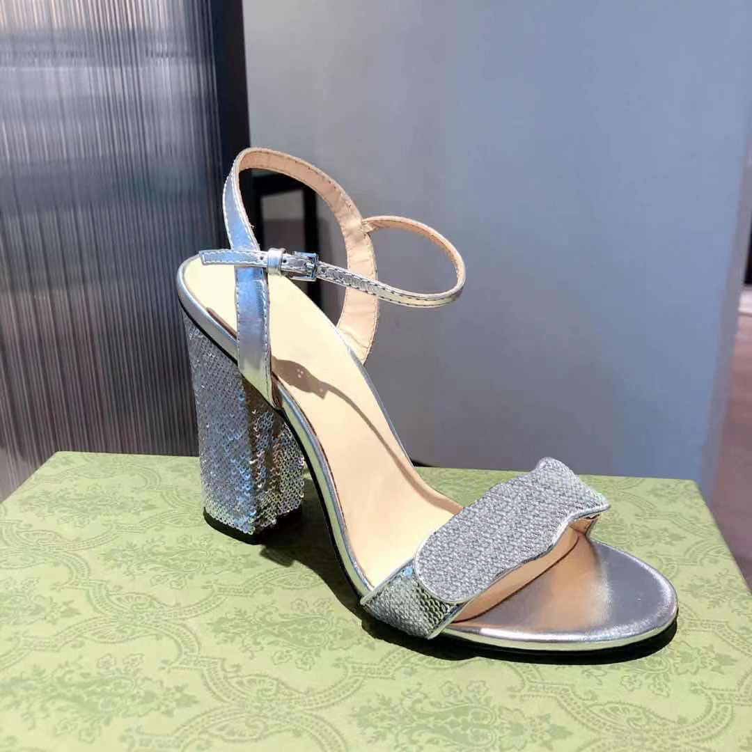 

European classic Mid Heel women's sequined sandals designer fashion show buckle party one line leather sexy scale size 34-40, Black