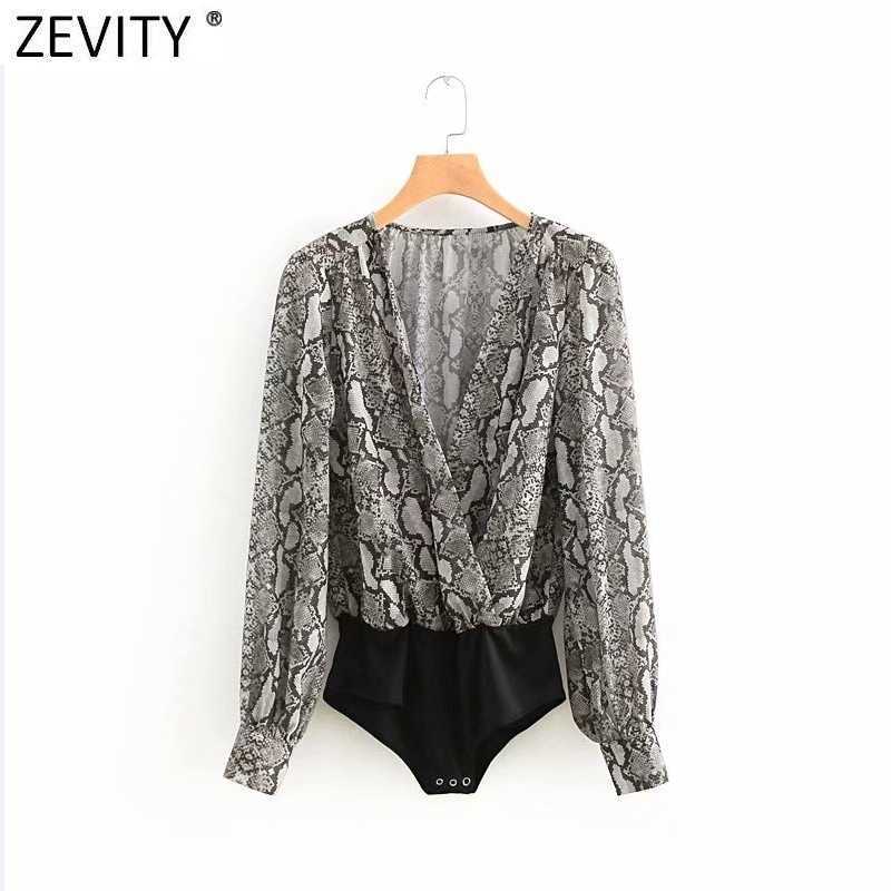 

Zevity Women Sexy Cross V Neck Snake Skin Print Patchwork Bodysuits Office Lady Serpentine Slim Siamese Chic Romper P1011 210603, As pic p1011