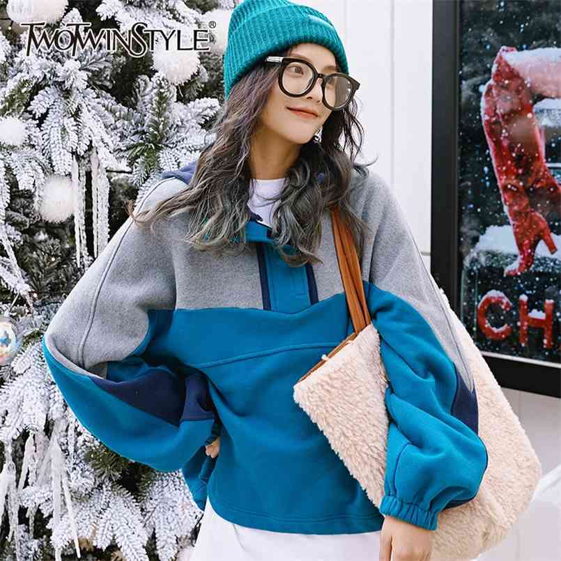 

Patchwork Hit Color Sweatshirt For Women Hooded Collar Long Sleeve Casual Sweatshirts Female Fashion Clothing 210524, Yellow