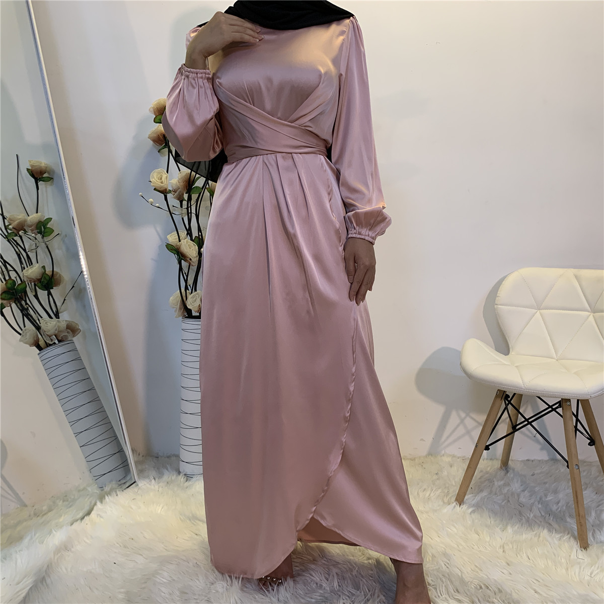 

Turkey Muslim Fake Two Piece Dress Women Bandage Islamic Clothing Lace-up Elegant Hijab Abaya Vestidos Eid Moroccan Kaftan Robe