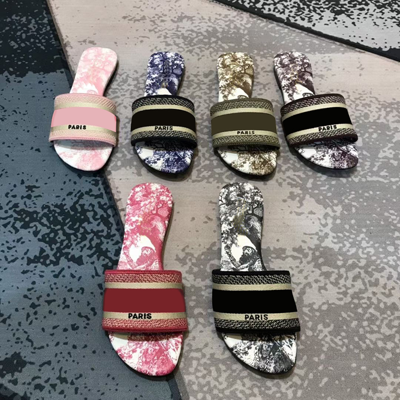 

Women Dway Slide Designer Flat Slipper Embroidered Cotton upper Summer Flat Flip Flops Beach causal slipper with Box US5-11 NO112, Color 8