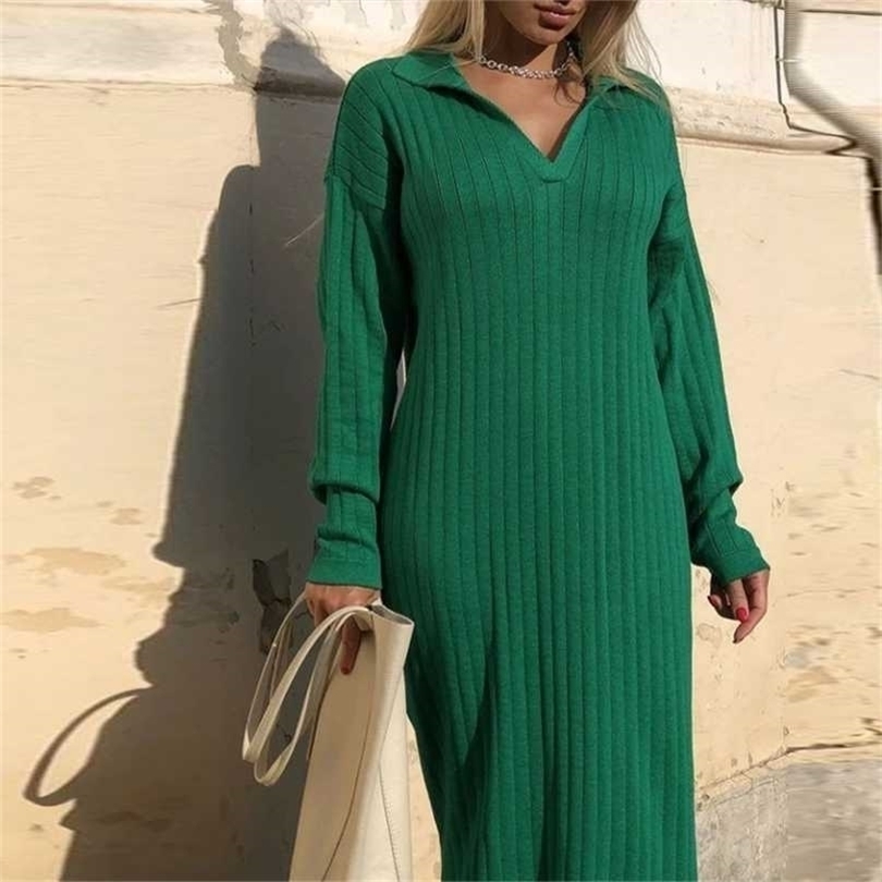 

Women' Ribbed Knit Sweater Long Dresses Casual V-neck Sleeve Hem Split Loose Dress Elegant Lady Vestidos Autumn 211109, Black coffee