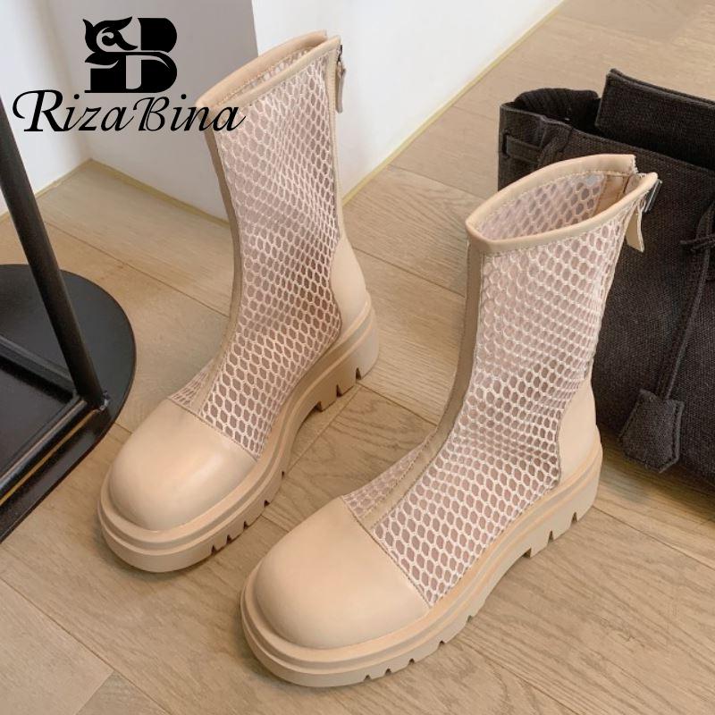 

Boots RIZABINA High Quality Women Real Leather Summer Round Toe Zipper Square Heel Pumps Fashion Ladies Footwear Size 34-43, Black