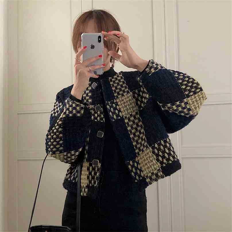 

Warm Streetwear Color-Hit High Waist Plaid Vintage Girls Woolen Stylish Women Retro Office Lady Coats Tops 210525, Photo color