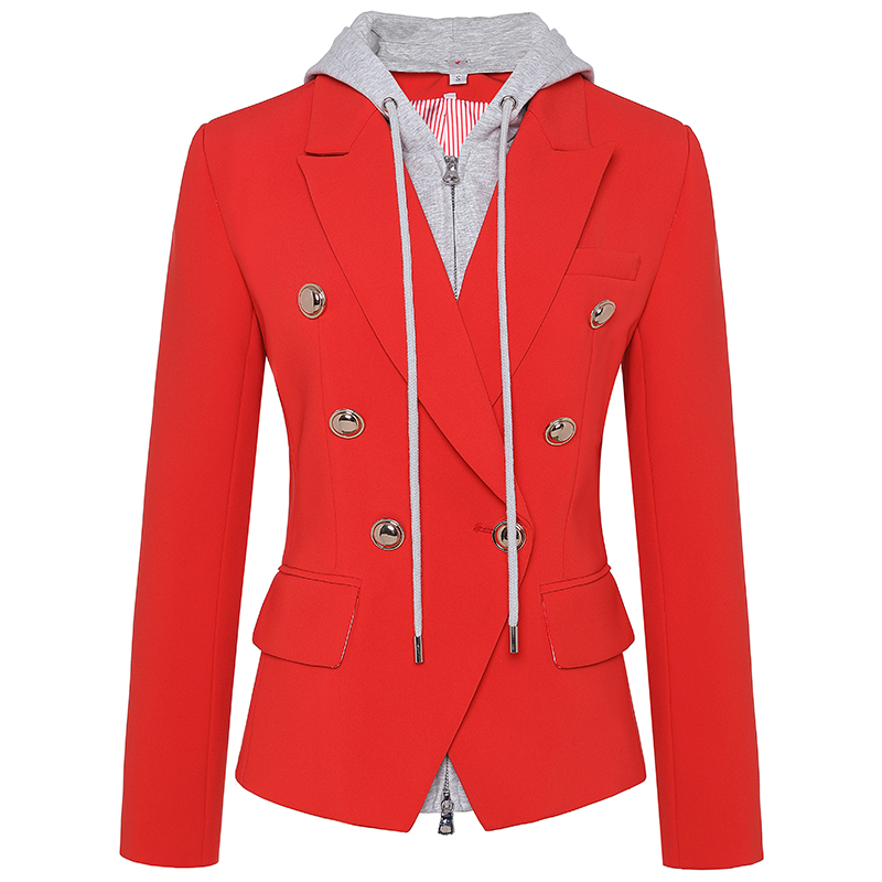 

est Stylish 2021 Designer Blazer Jacket Womens Zip Removable Hooded Double Breasted Red Casual Blazer, White;black