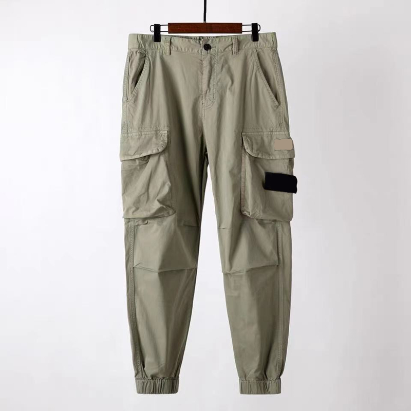 

Spring and Autumn Multi Pocket Men's Pants Bind feet Black Sweatpants outdoors jogging Casual overalls European American trend simplicity Embroidery logo, Army green-21o6
