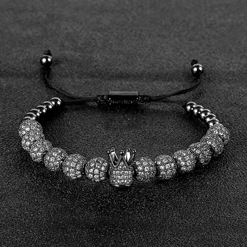 Beaded, Strands Fashion Micro CZ Crystals King Crown Charm Bracelet Handmade Stretch Men Black Beads Bangle Women Couple Hiphop Jewelry-image-705911473
