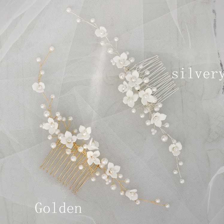 

White Porcelain Flower Wedding Comb Vine Pearls Women Jewelry Handmade Bridal Hair Piece Ornament