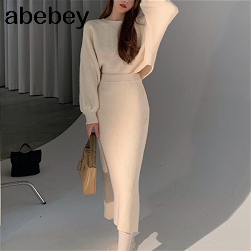 

Korean Elegant Knitted Two Piece Skirt Sets Women Short Pullover + High Waist Long Skirt Suits Ladies Fashion 2 Pcs Sets 211108, Beige