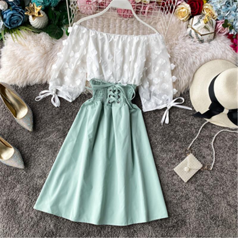 

Casual Dresses 2022 Sexy Off Shoulder Patchwork Summer Short Dress Party Flower Chiffon Slim Waist Lace Up Women A-Line Beach, Black;gray