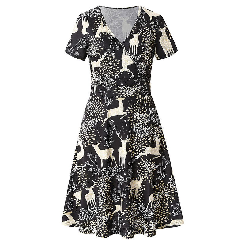 

2021 New Christmas Ladies Printed Dress V-neck Waist Large Swing Skirt, Black;gray