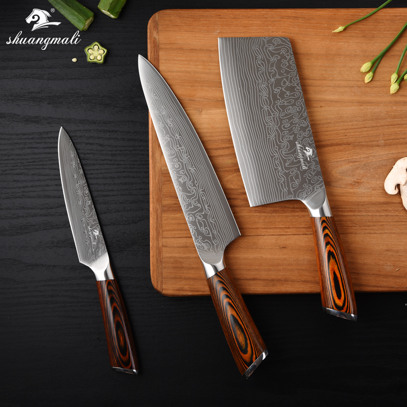 

Shuangmai 3PCS Chef Knife Set 5Cr15 Stainess Stee Utiity Cooking Kitchen Knives Chinese Ceaver Paring Sicing Knife Set