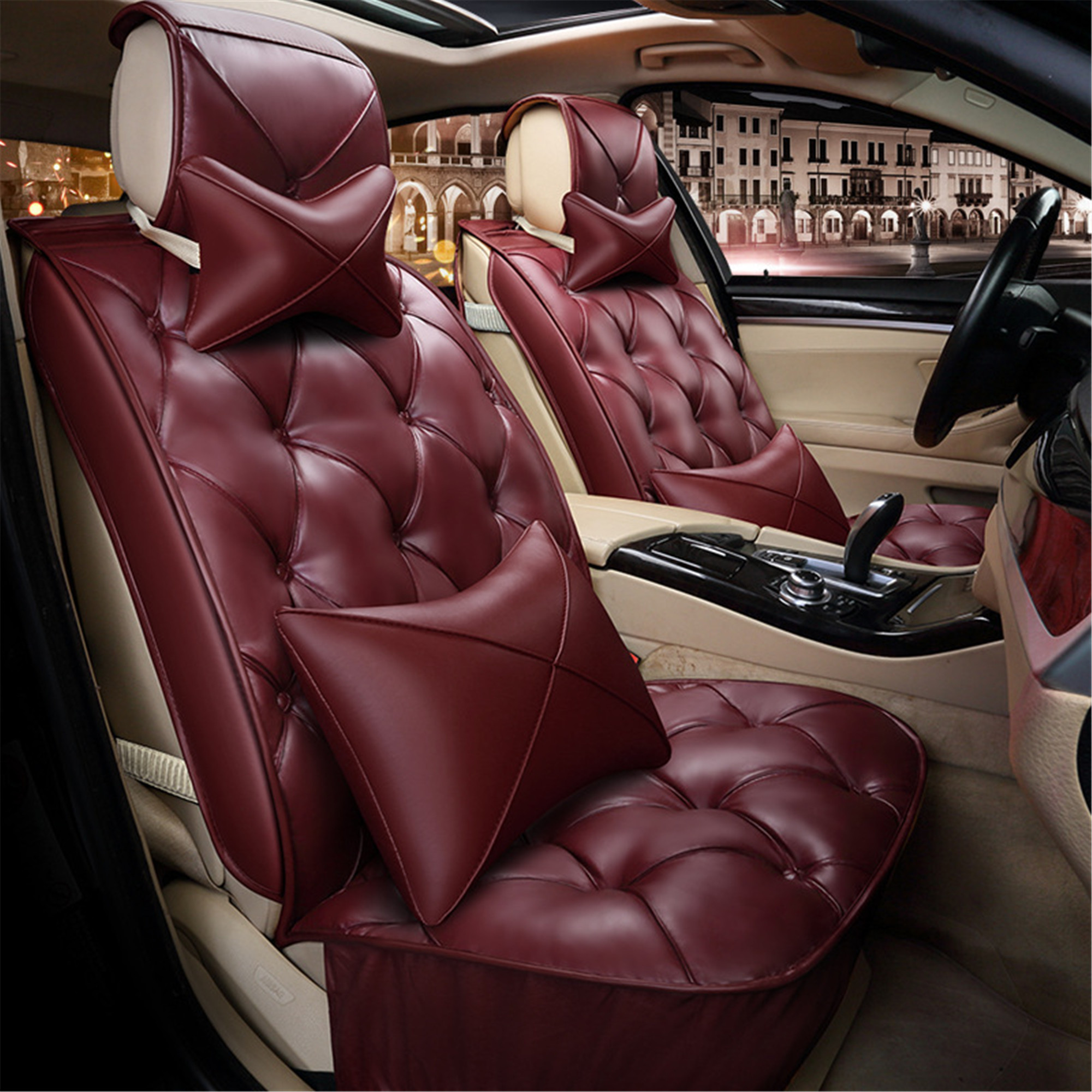 

GM seat cover full set of leather 5-seater front and rear cushions with pillows, suitable for SUV year-round use (black/red line)