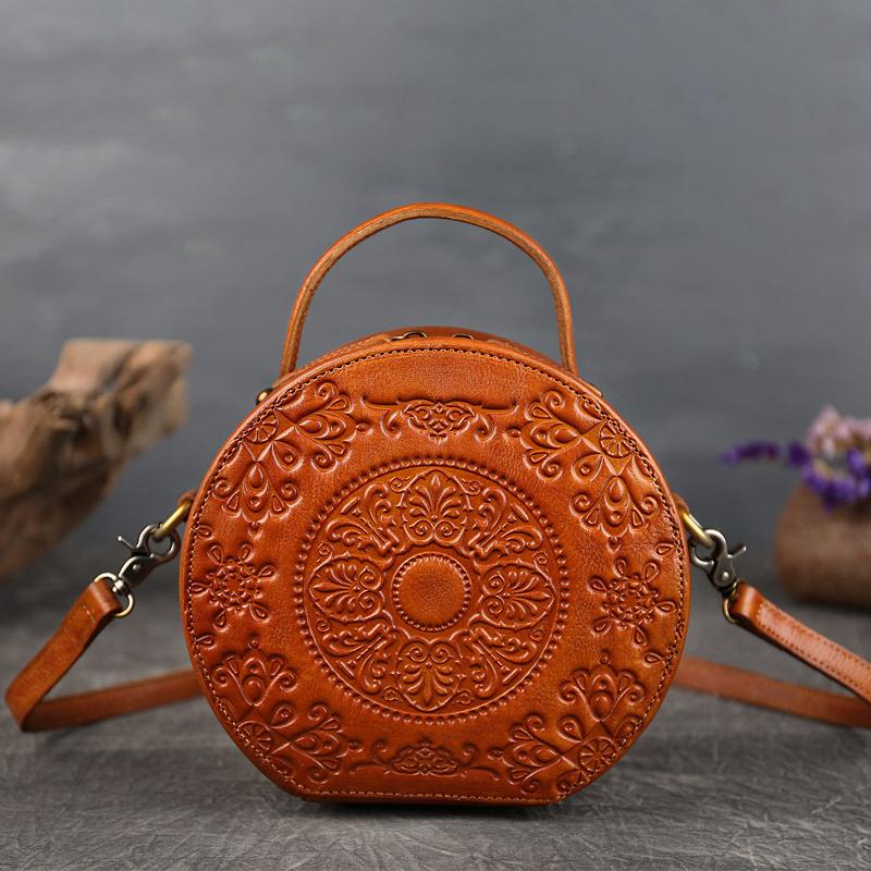 

Evening Bags Leather Women's Bag Small Round Totem Hand One Shoulder Messenger, Red