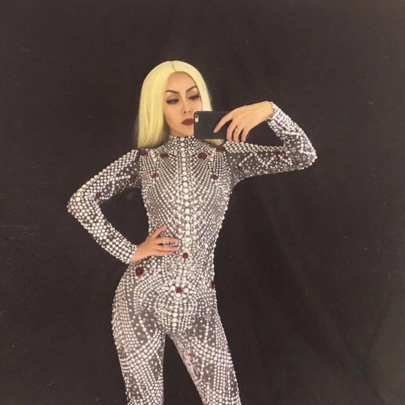 

Women' Jumpsuits & Rompers 2021 High Ranking Crystals Stones Women Jumpsuit Full Pearls Sparkling Rhinestones Bodysuit Nightclub Stage Wear