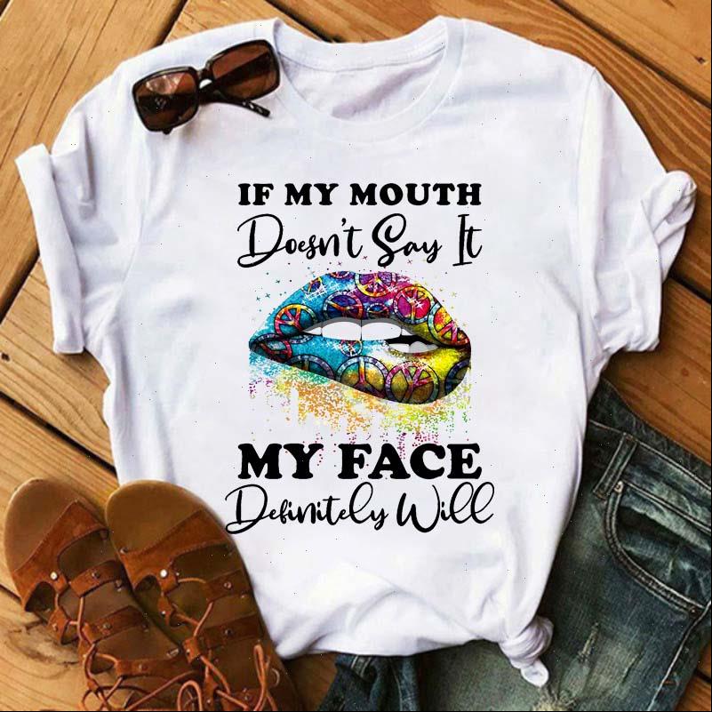 

Women Cartoon T Shirt Lip Finger Print Short Sleeve O Neck Loose Tshirt Summer Tee Tops Camisetas Mujer, White